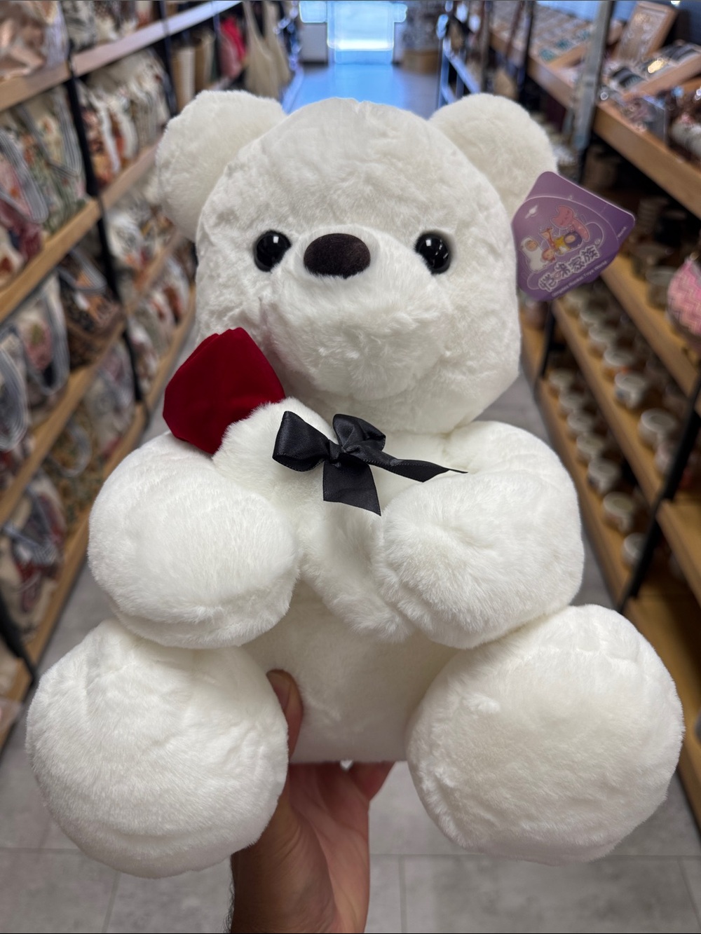 White Plush Bear with Red Rose and Black Bow - Cute Kids Stuffed Animal